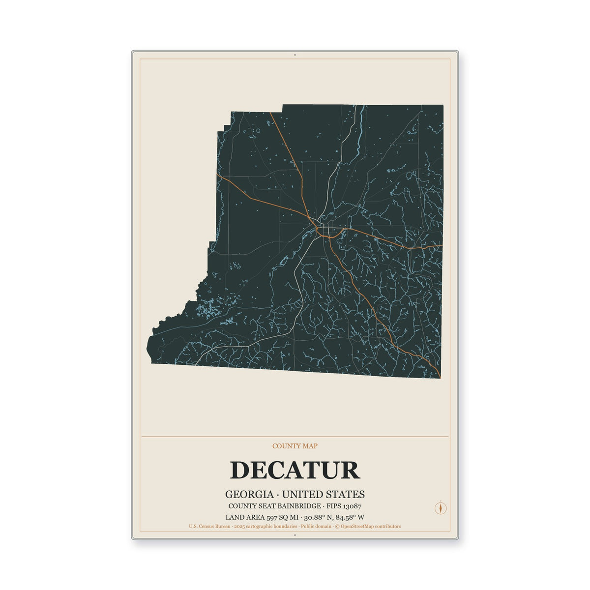 Decatur County, Georgia Map Aluminum Sign in Headline Atlas style