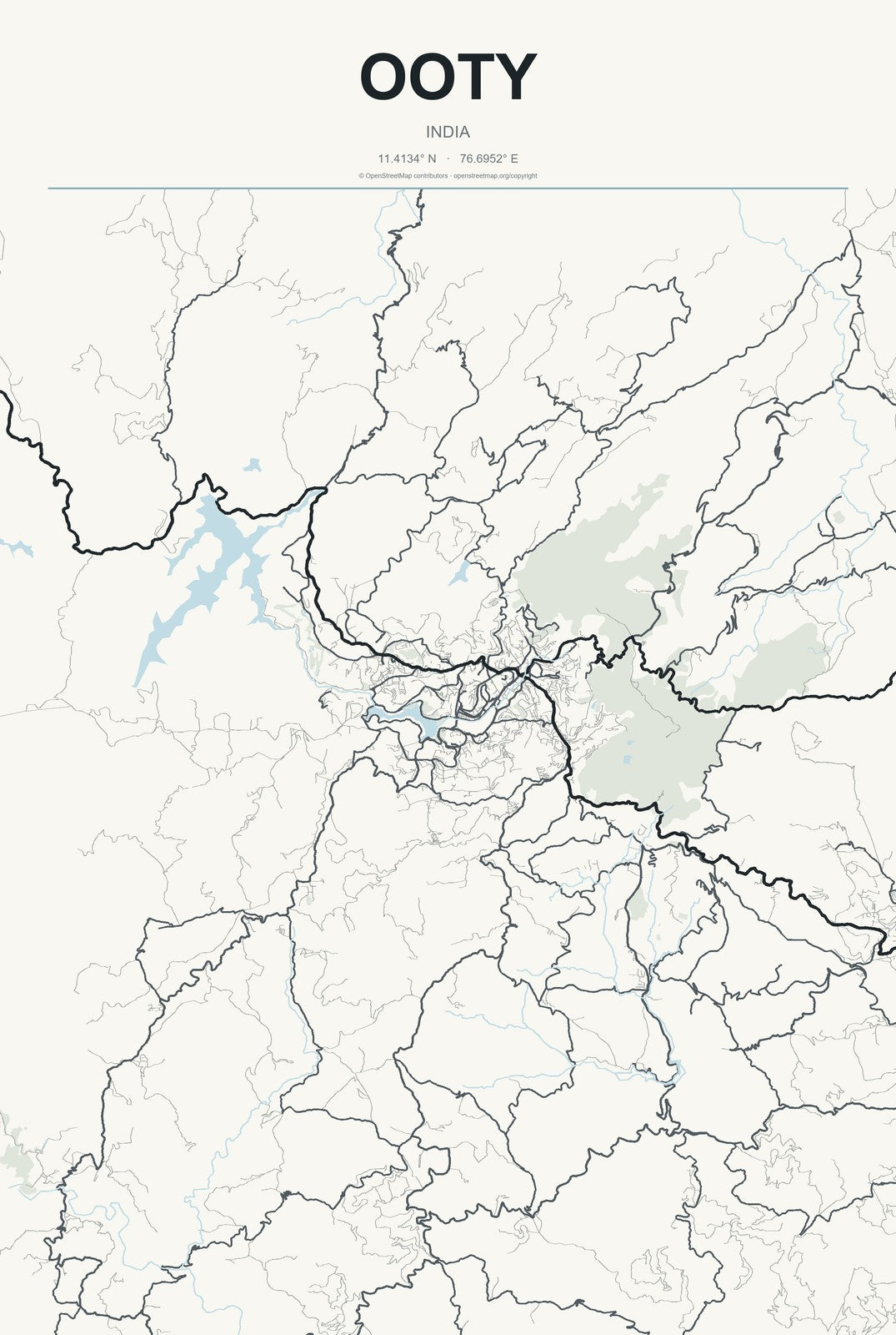 Ooty, India City Map Aluminum Sign in Headline Atlas style