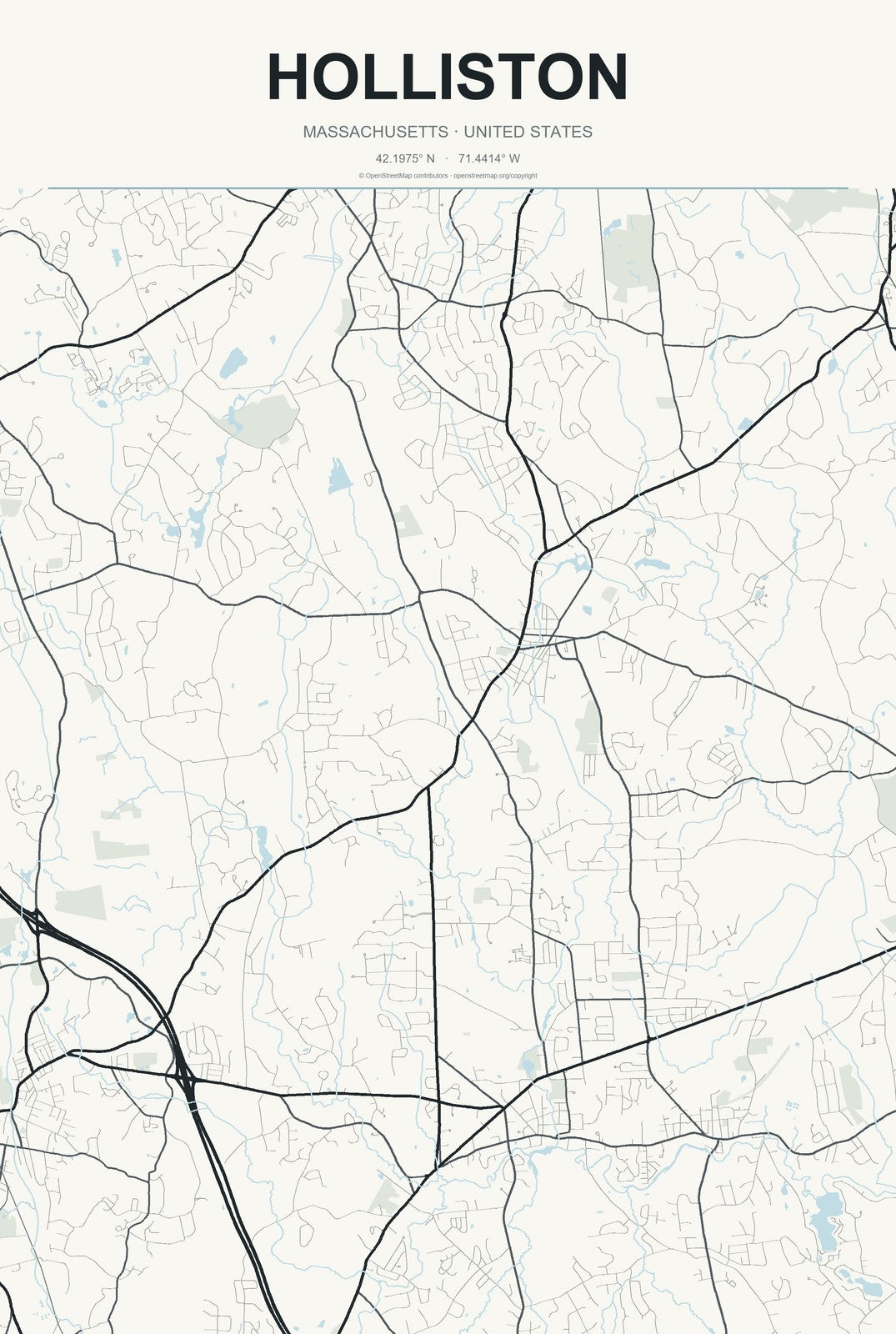 Holliston, Massachusetts City Map Aluminum Sign in Headline Atlas style