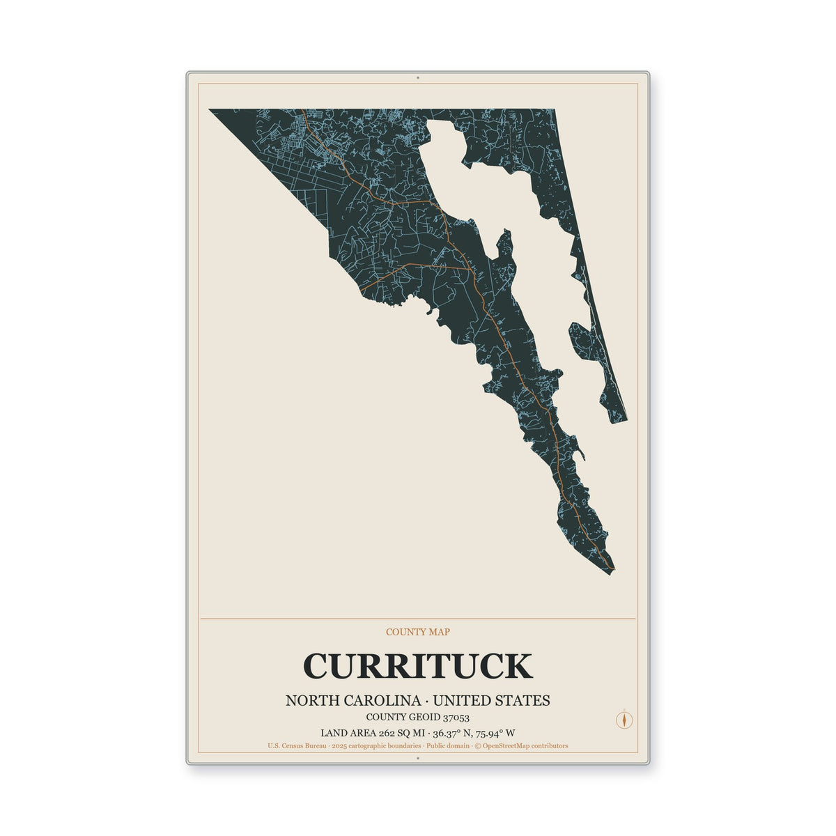 Currituck County, North Carolina Map Aluminum Sign in Headline Atlas style