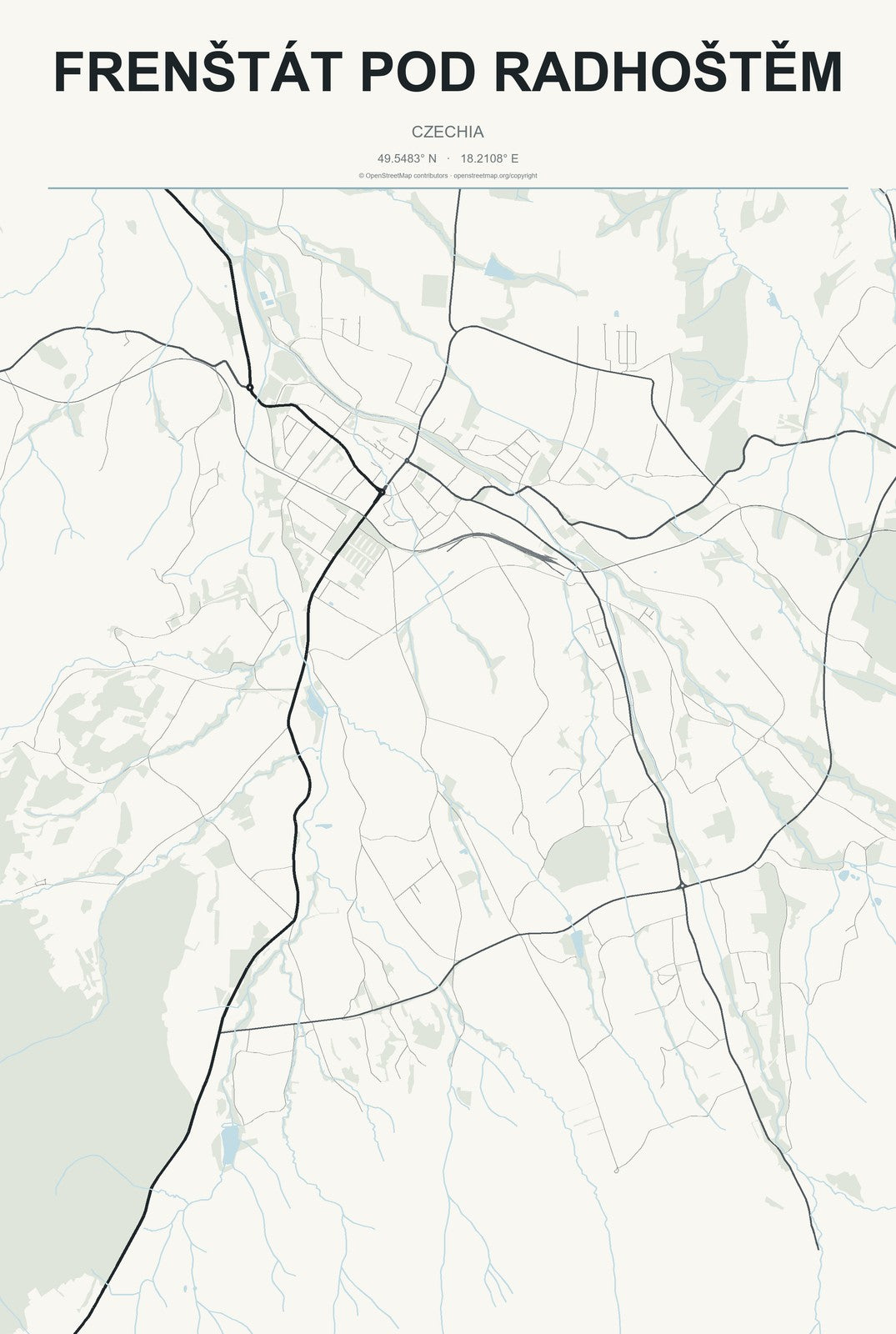 Frenštát pod Radhoštěm, Czechia City Map Aluminum Sign in Headline Atlas style