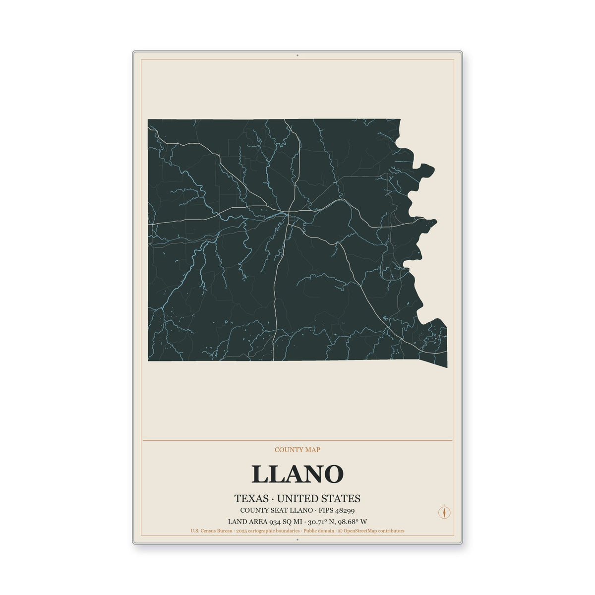 Llano County, Texas Map Aluminum Sign in Headline Atlas style