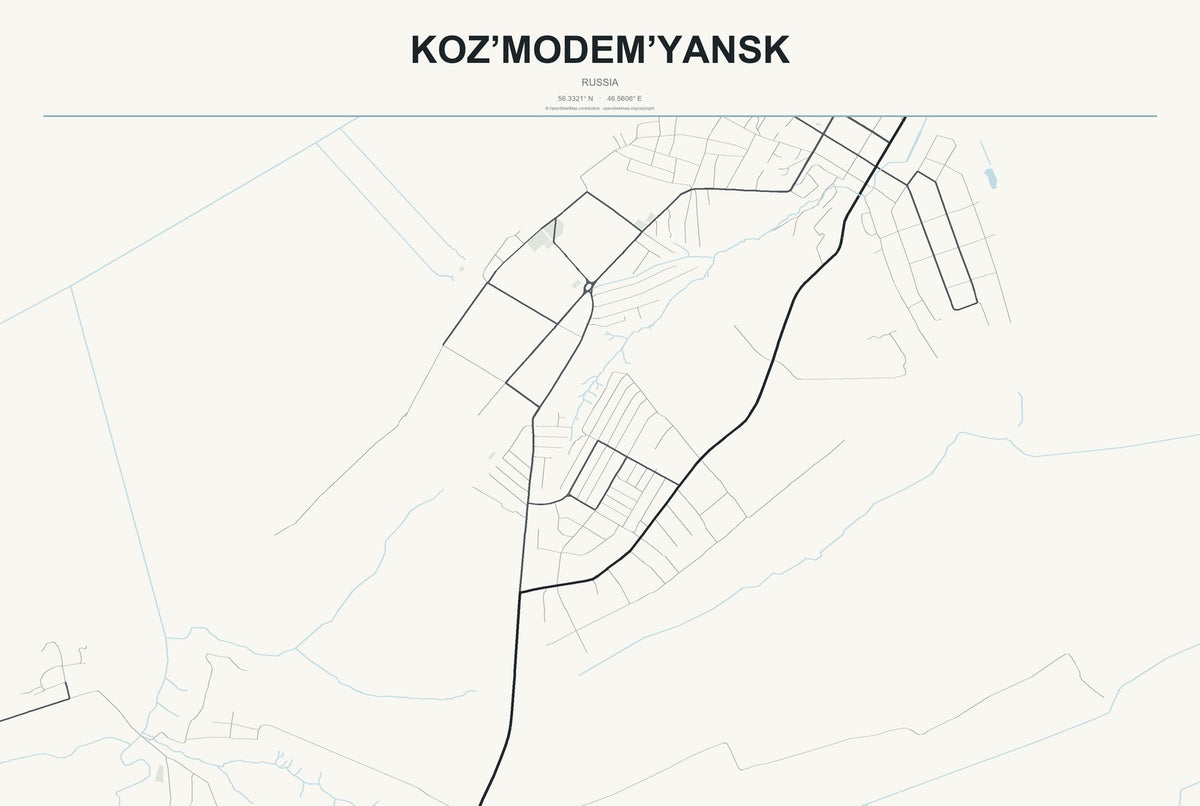 Koz’modem’yansk, Russia City Map Aluminum Sign in Headline Atlas style