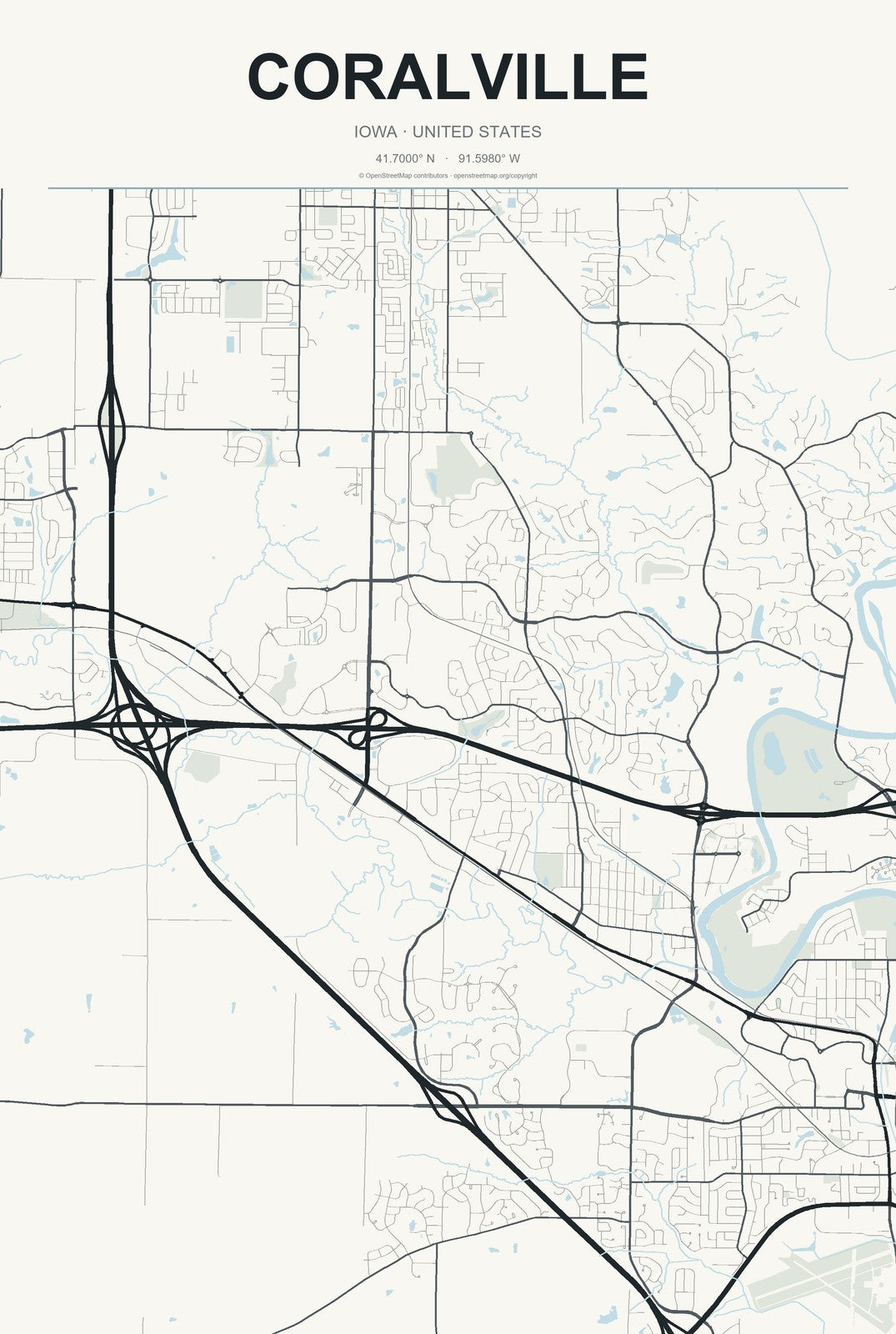 Coralville, Iowa City Map Aluminum Sign in Headline Atlas style