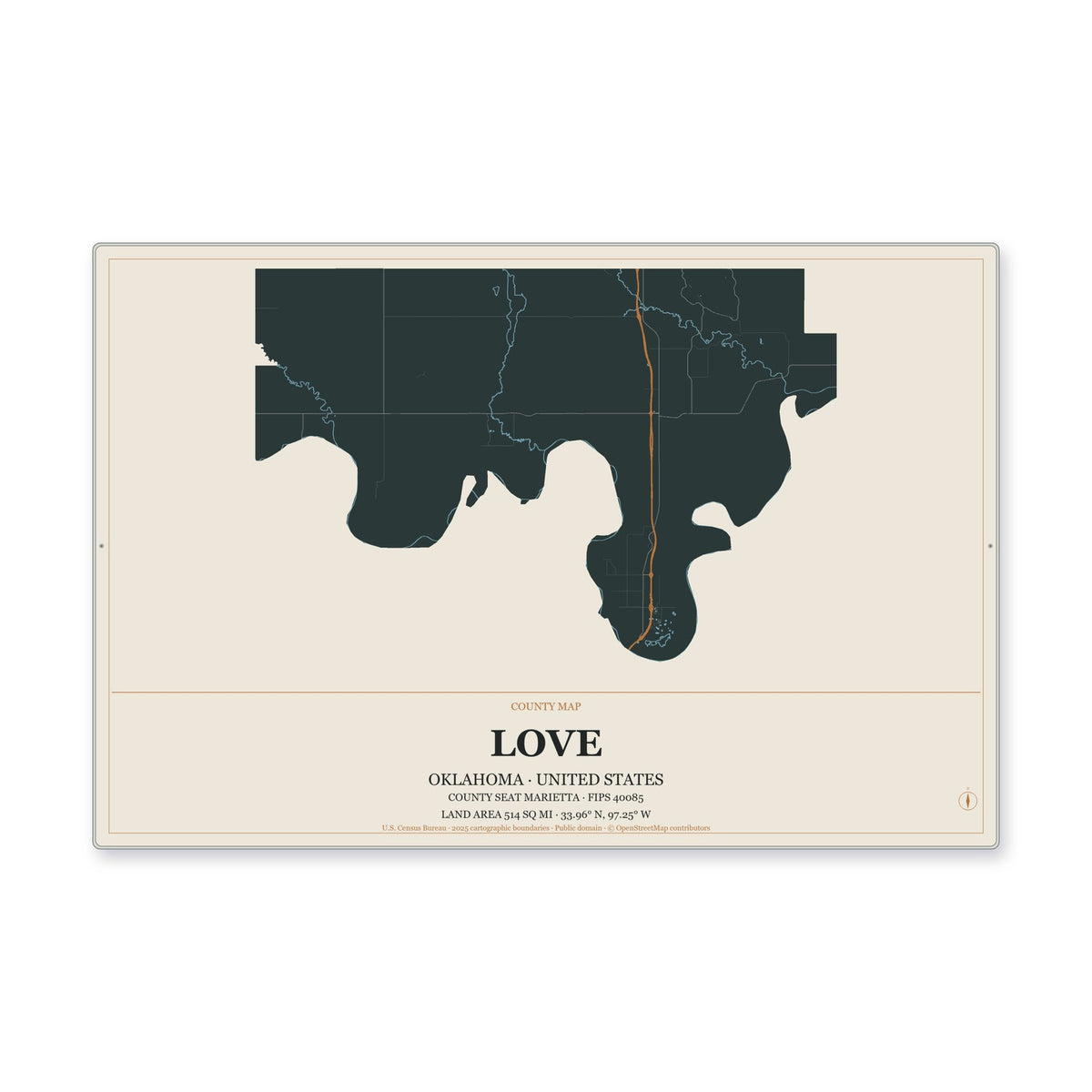 Love County, Oklahoma Map Aluminum Sign in Headline Atlas style