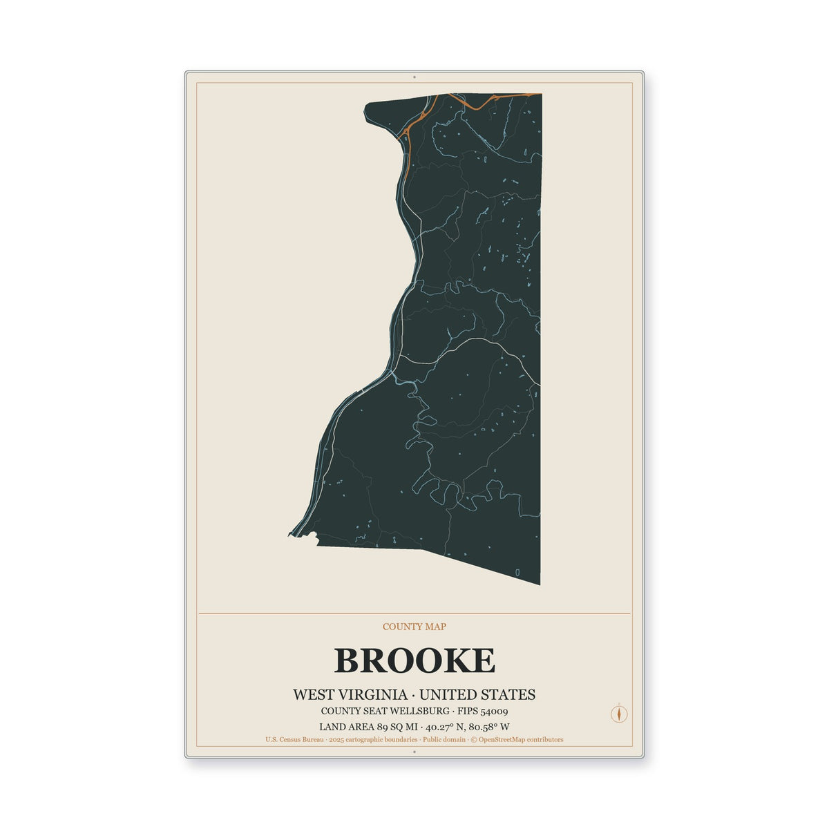 Brooke County, West Virginia Map Aluminum Sign in Headline Atlas style