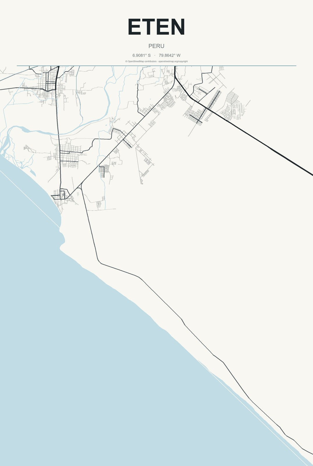 Eten, Peru City Map Aluminum Sign in Headline Atlas style