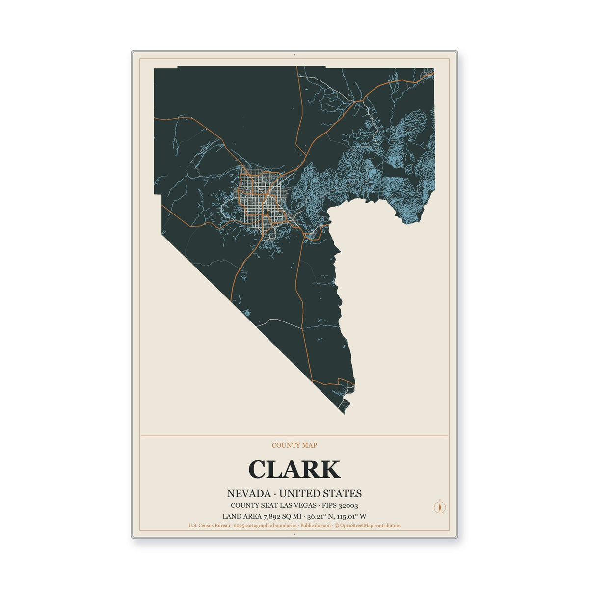 Clark County, Nevada Map Aluminum Sign in Headline Atlas style