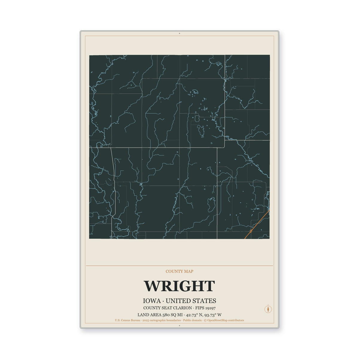 Wright County, Iowa Map Aluminum Sign in Headline Atlas style
