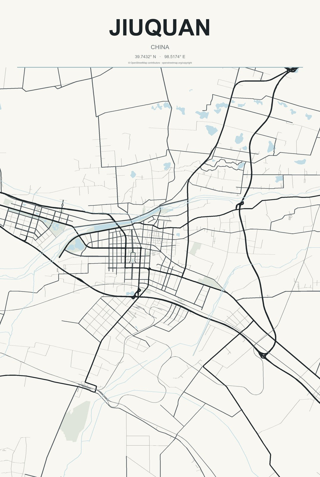 Jiuquan, China City Map Aluminum Sign in Headline Atlas style