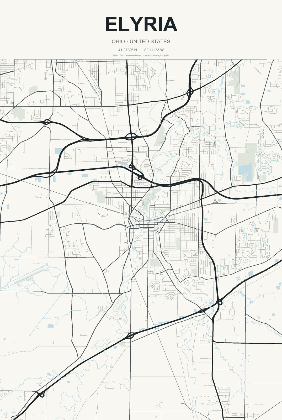 Elyria, Ohio City Map Aluminum Sign in Headline Atlas style
