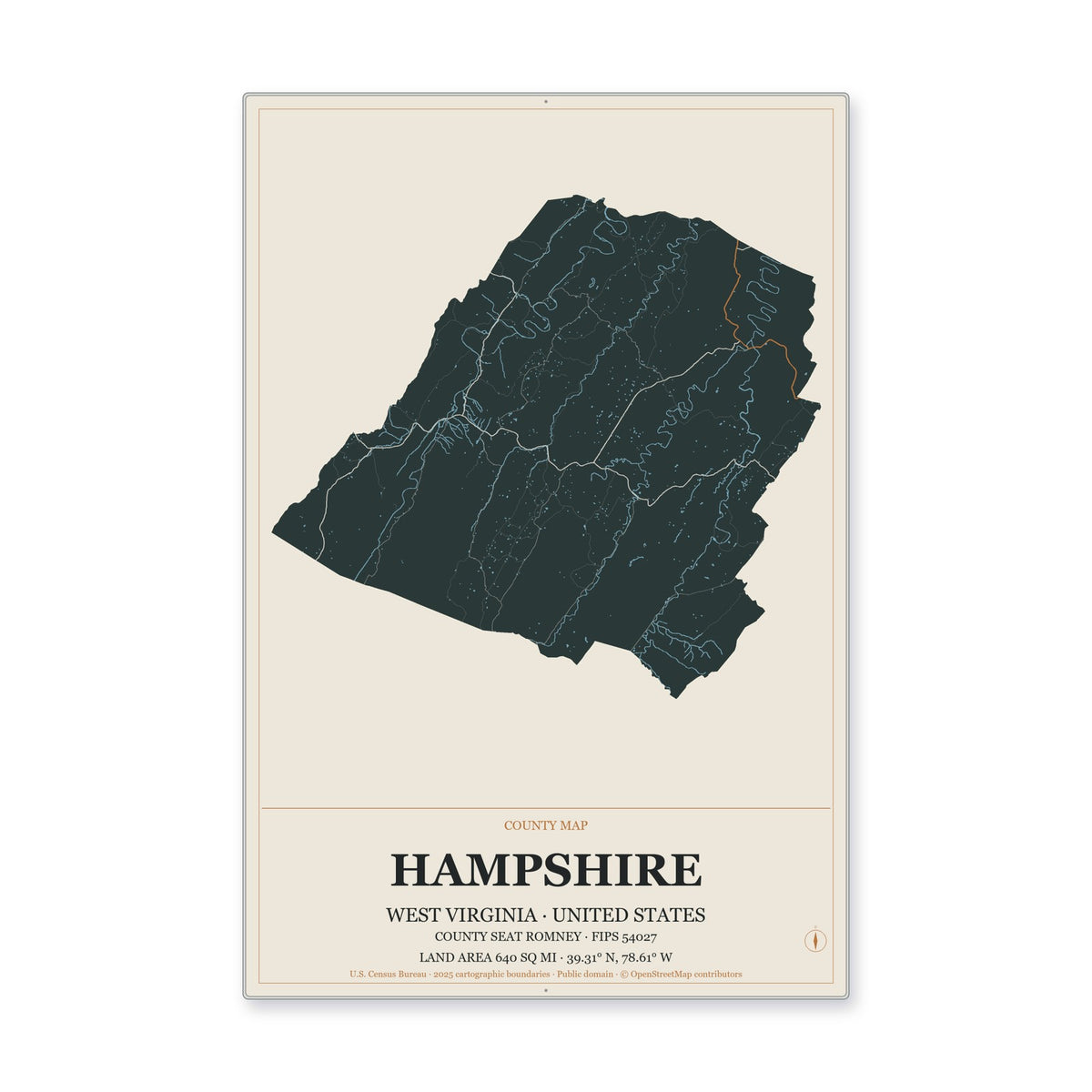 Hampshire County, West Virginia Map Aluminum Sign in Headline Atlas style