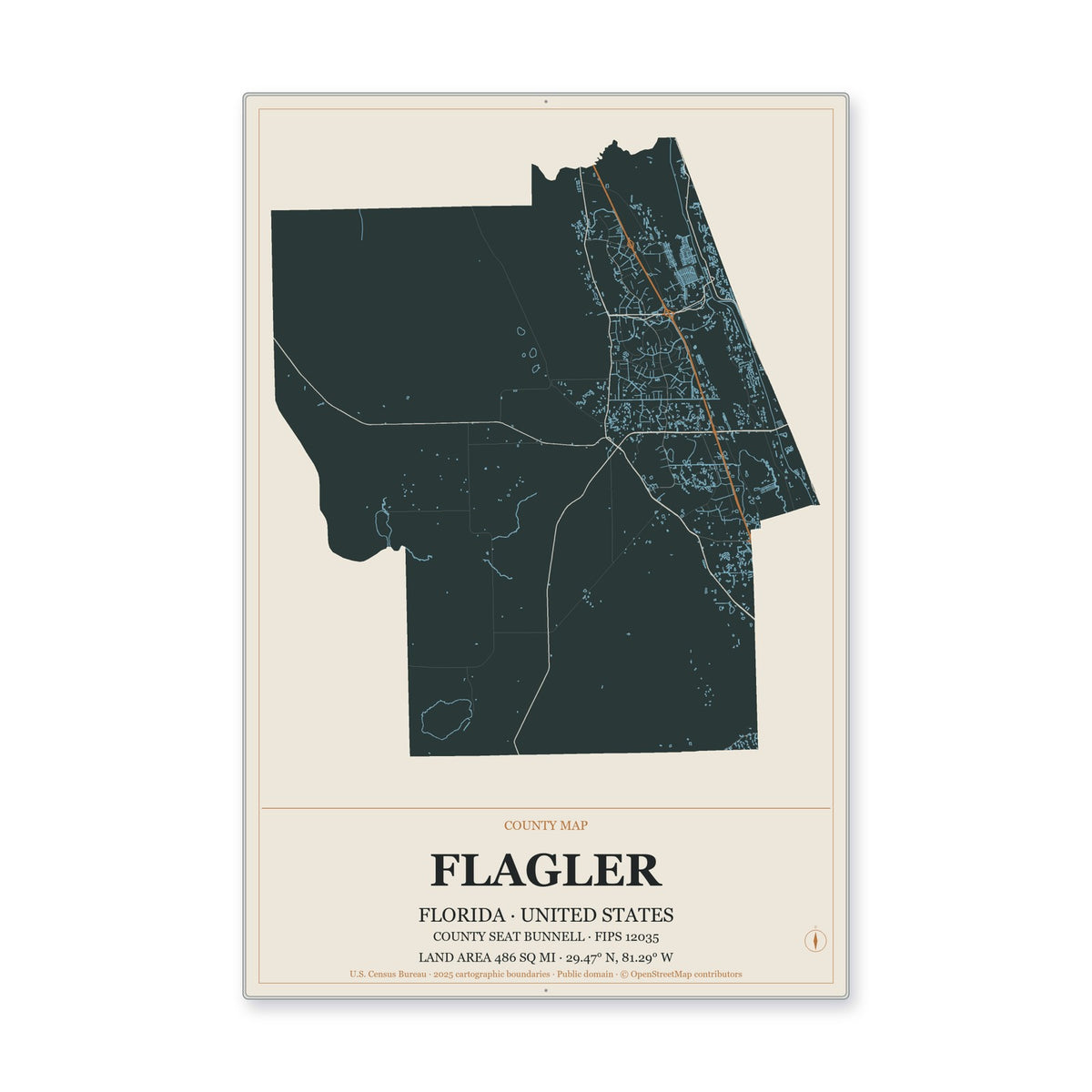 Flagler County, Florida Map Aluminum Sign in Headline Atlas style