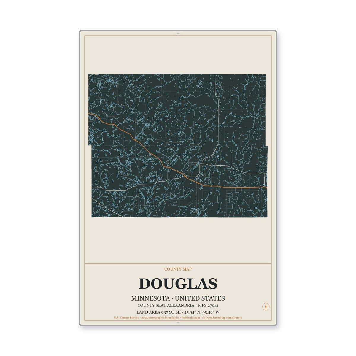 Douglas County, Minnesota Map Aluminum Sign in Headline Atlas style
