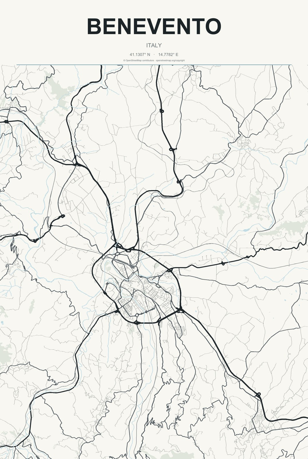 Benevento, Italy City Map Aluminum Sign in Headline Atlas style