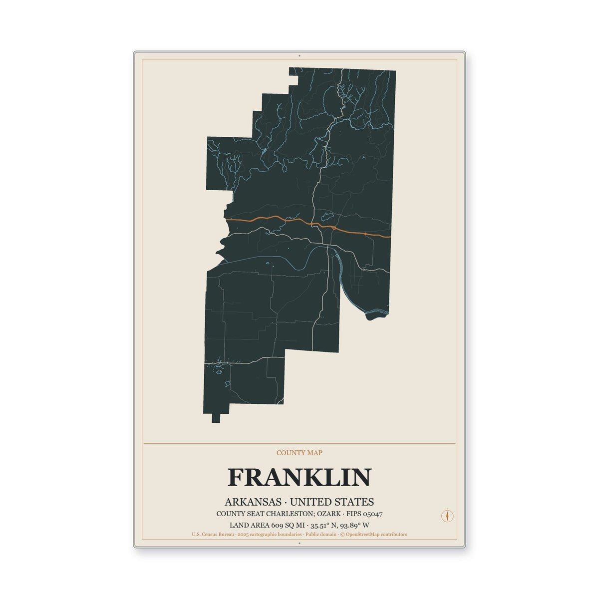 Franklin County, Arkansas Map Aluminum Sign in Headline Atlas style
