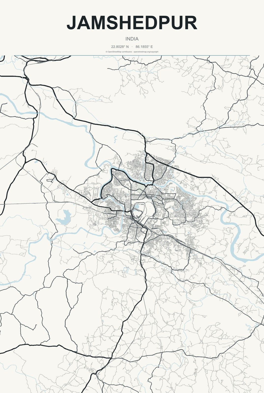 Jamshedpur, India City Map Aluminum Sign in Headline Atlas style