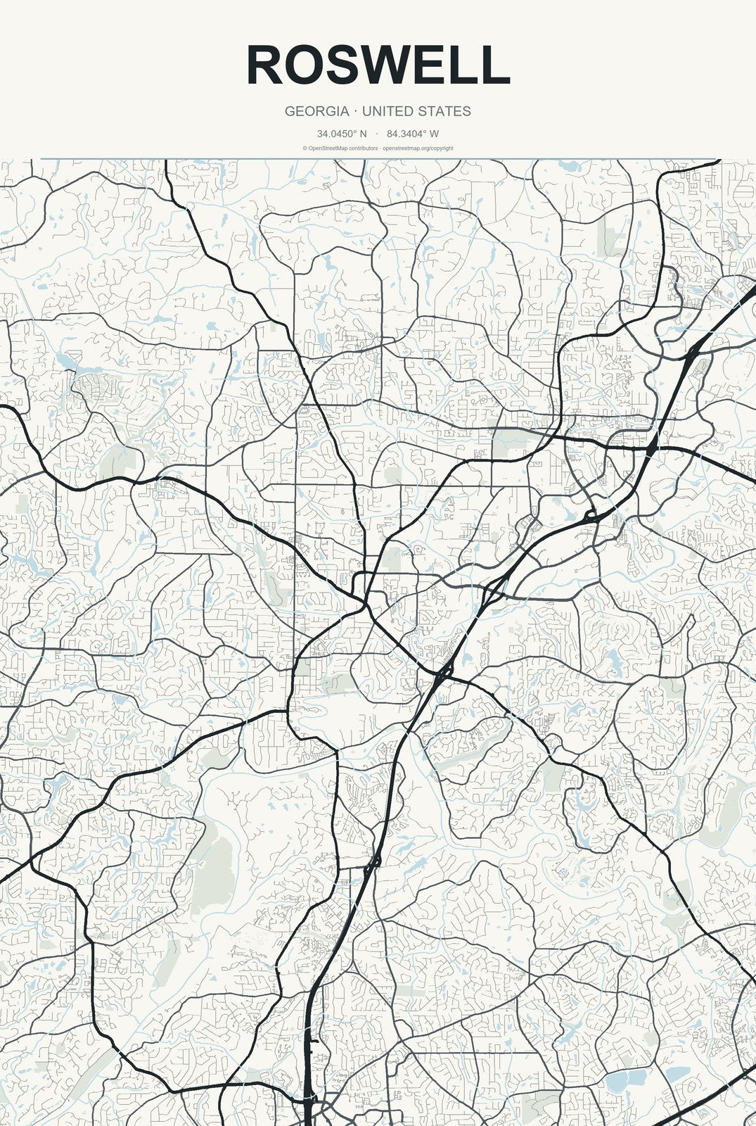 Roswell, Georgia City Map Aluminum Sign in Headline Atlas style