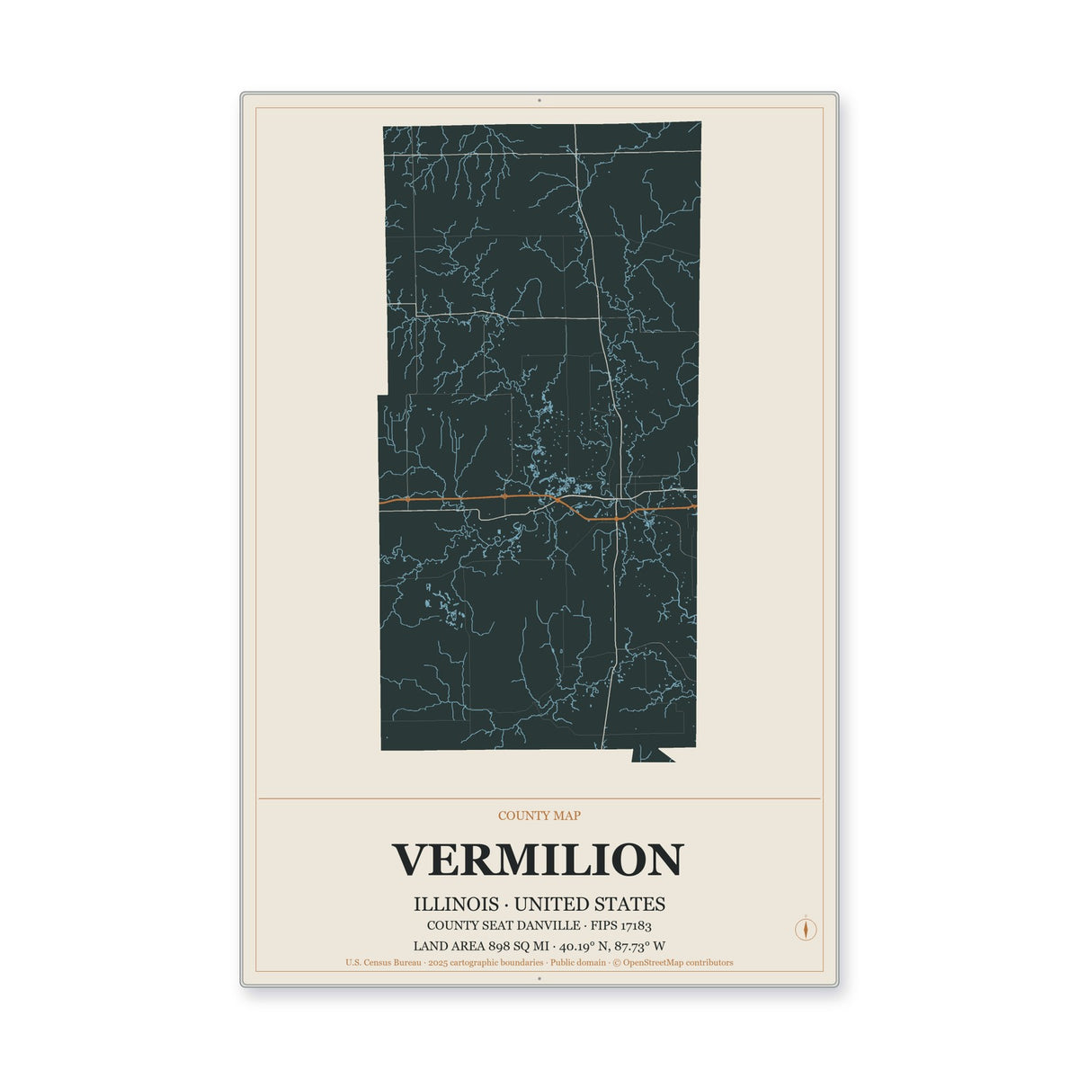 Vermilion County, Illinois Map Aluminum Sign in Headline Atlas style