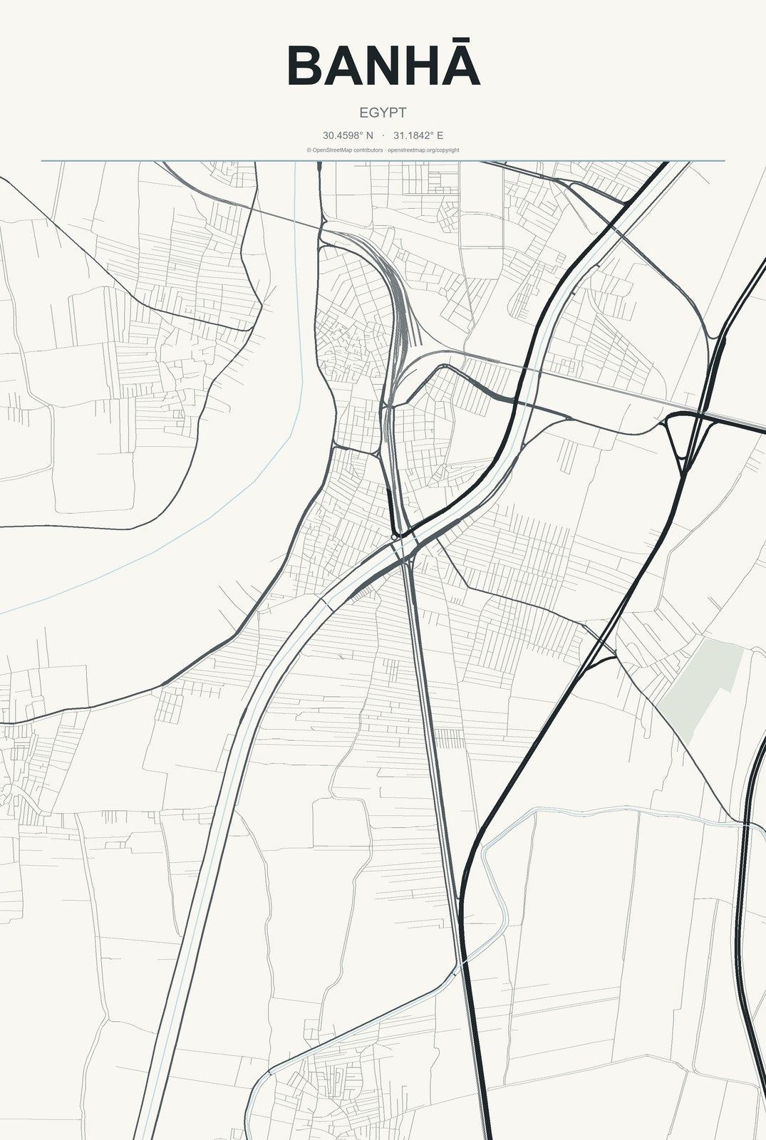 Banhā, Egypt City Map Aluminum Sign in Headline Atlas style