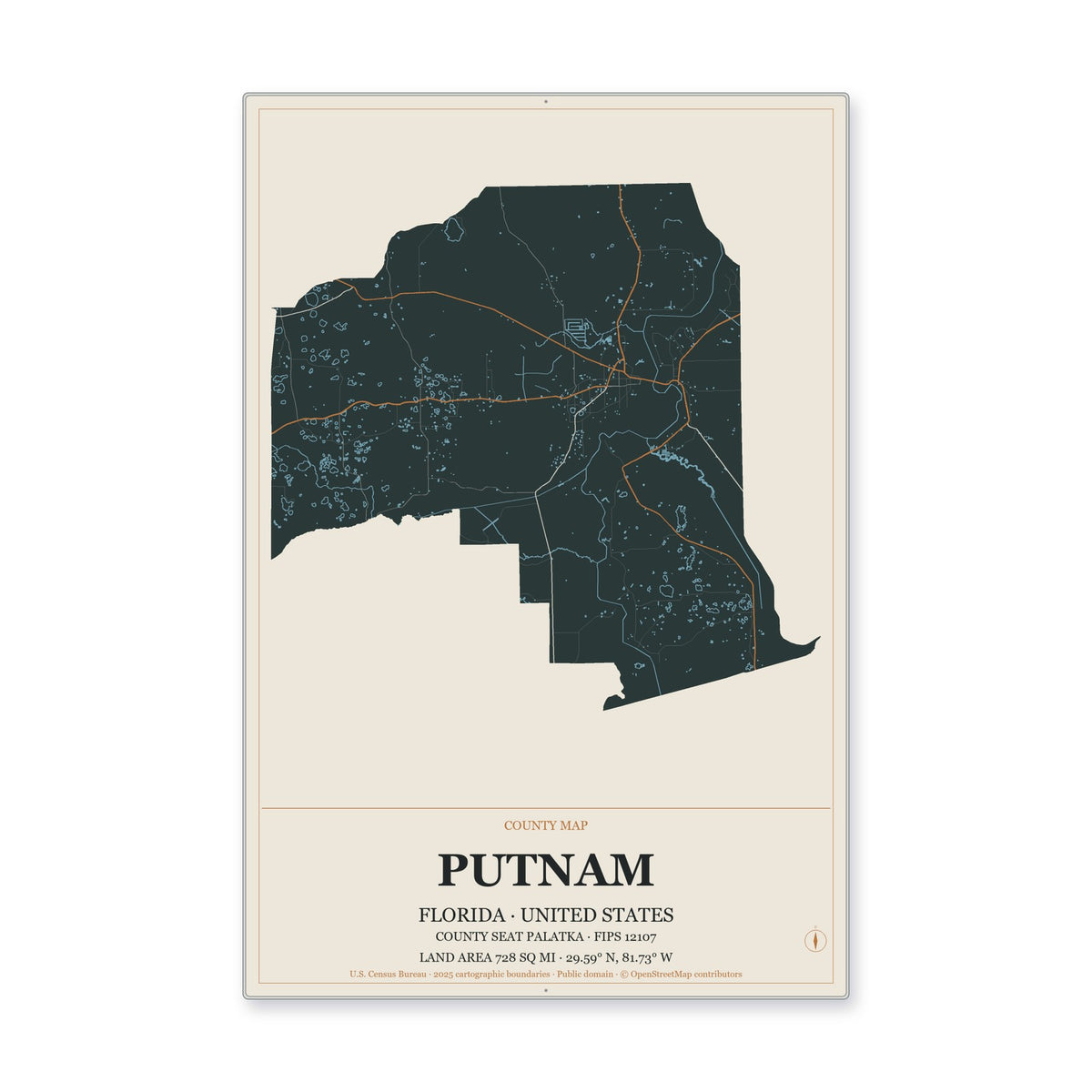 Putnam County, Florida Map Aluminum Sign in Headline Atlas style