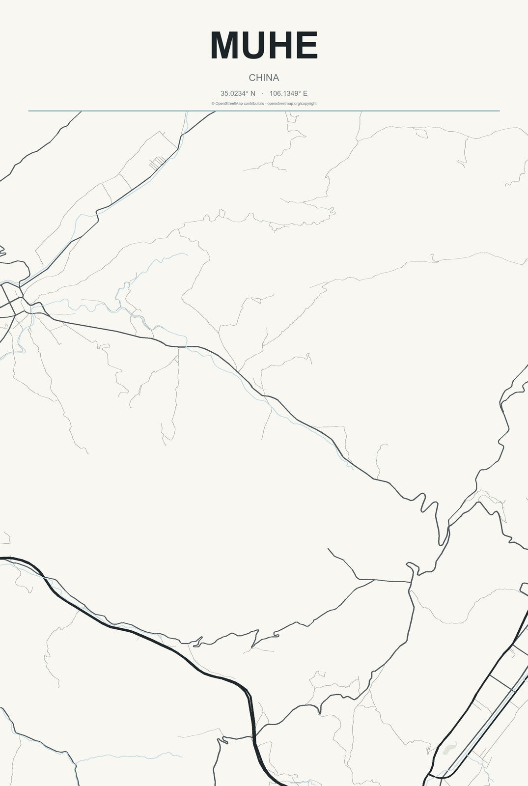 Muhe, China City Map Aluminum Sign in Headline Atlas style