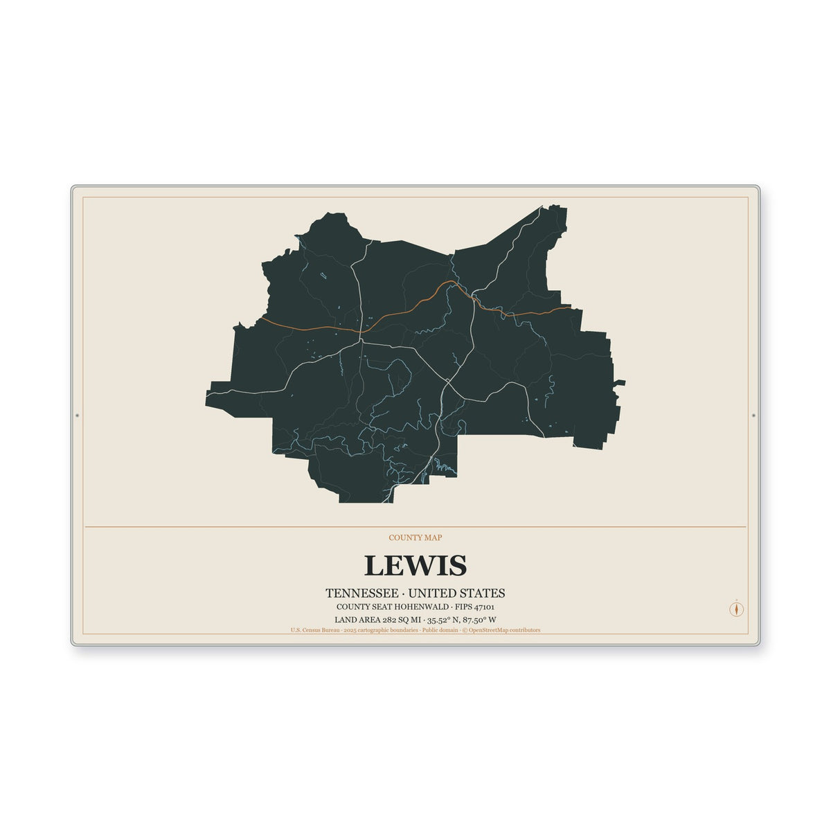 Lewis County, Tennessee Map Aluminum Sign in Headline Atlas style