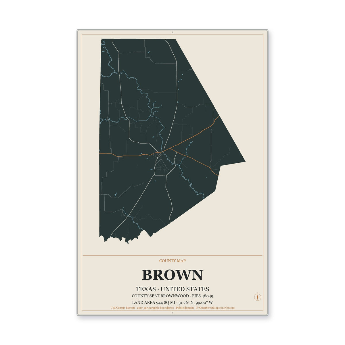 Brown County, Texas Map Aluminum Sign in Headline Atlas style