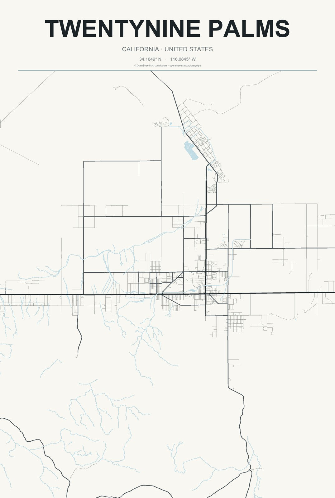 Twentynine Palms, California City Map Aluminum Sign in Headline Atlas style