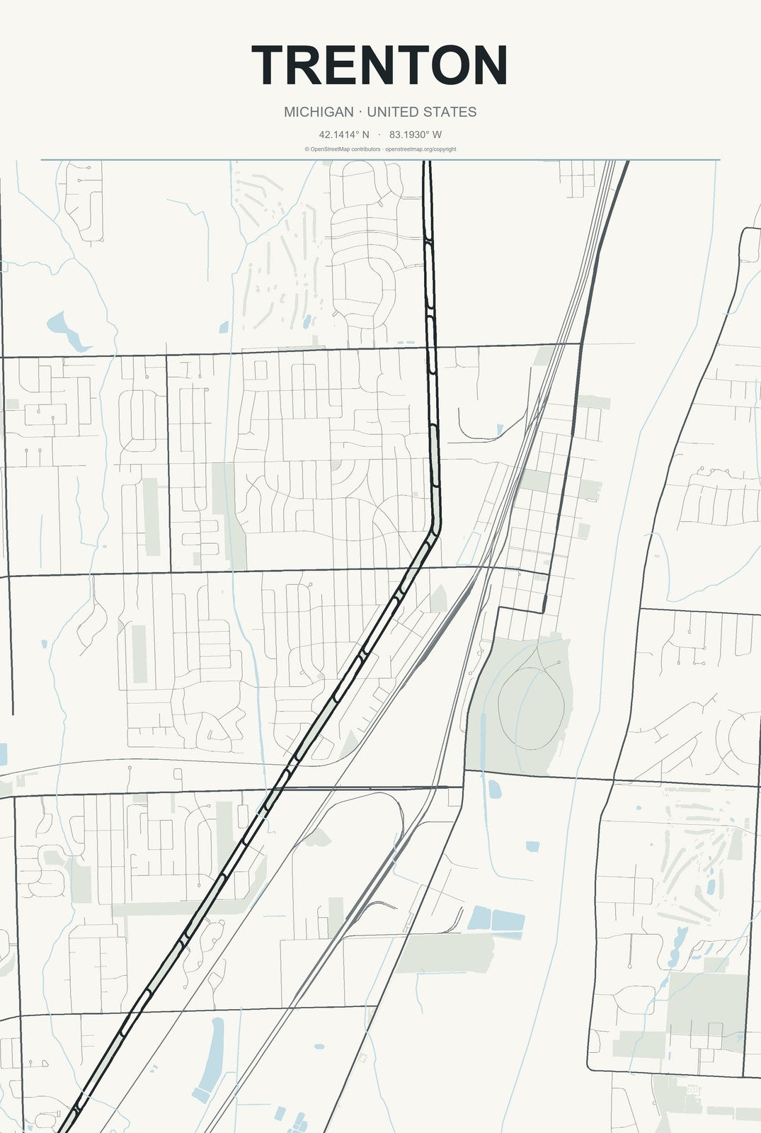 Trenton, Michigan City Map Aluminum Sign in Headline Atlas style
