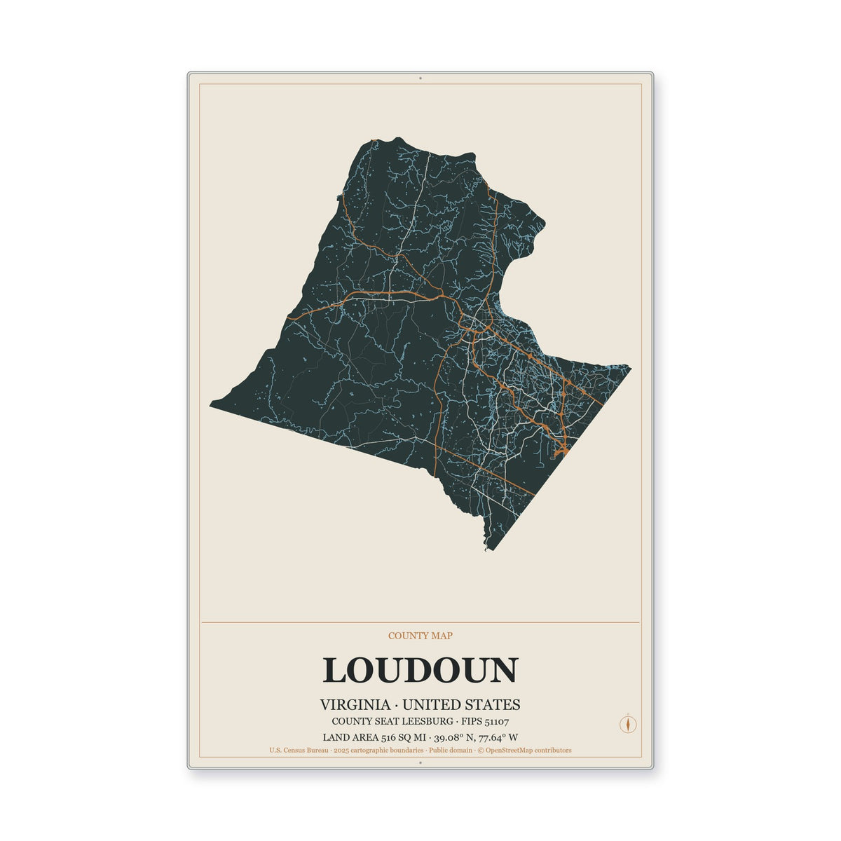 Loudoun County, Virginia Map Aluminum Sign in Headline Atlas style