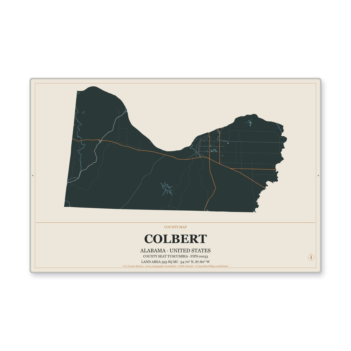 Colbert County, Alabama Map Aluminum Sign in Headline Atlas style