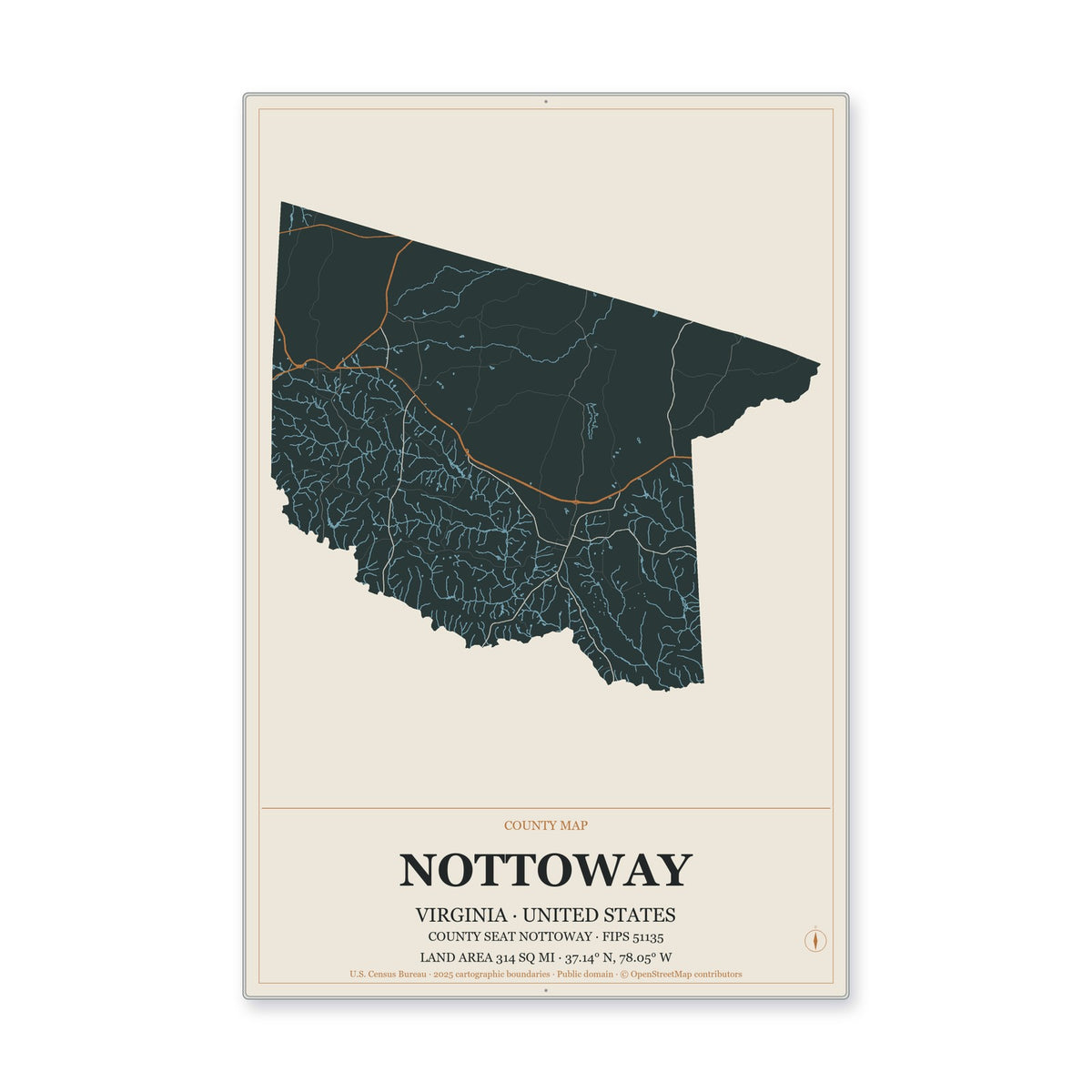 Nottoway County, Virginia Map Aluminum Sign in Headline Atlas style
