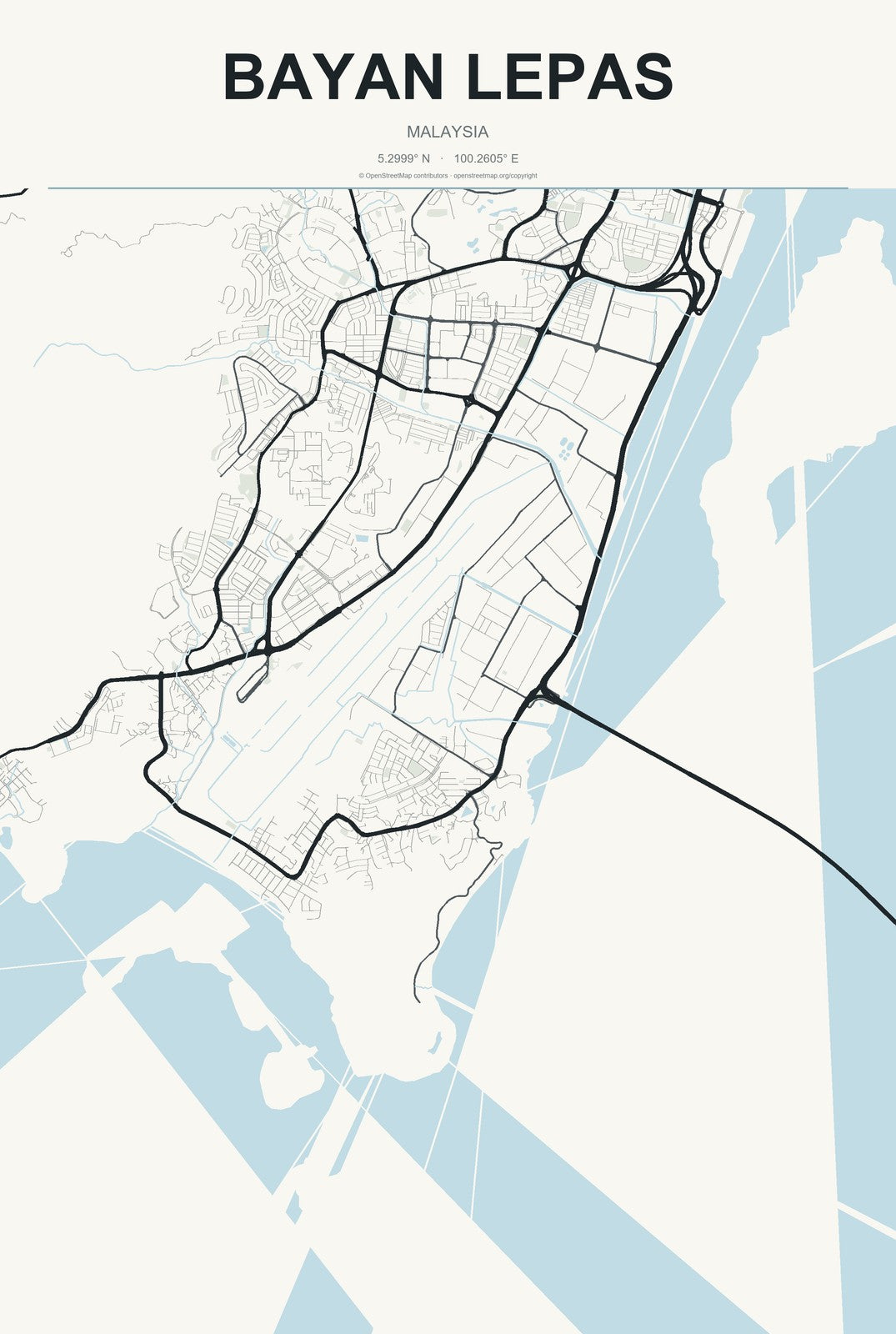 Bayan Lepas, Malaysia City Map Aluminum Sign in Headline Atlas style
