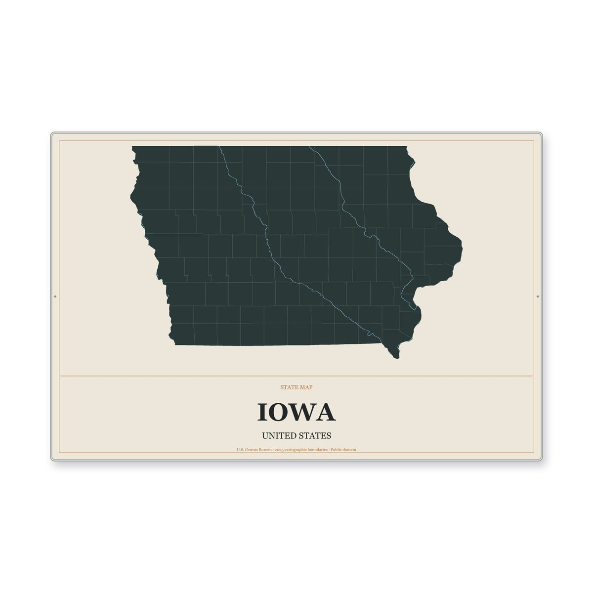 Iowa state map aluminum sign in Headline Atlas style