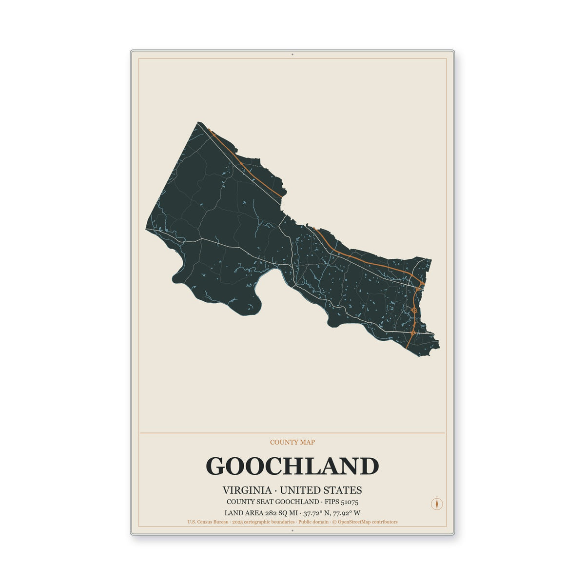 Goochland County, Virginia Map Aluminum Sign in Headline Atlas style
