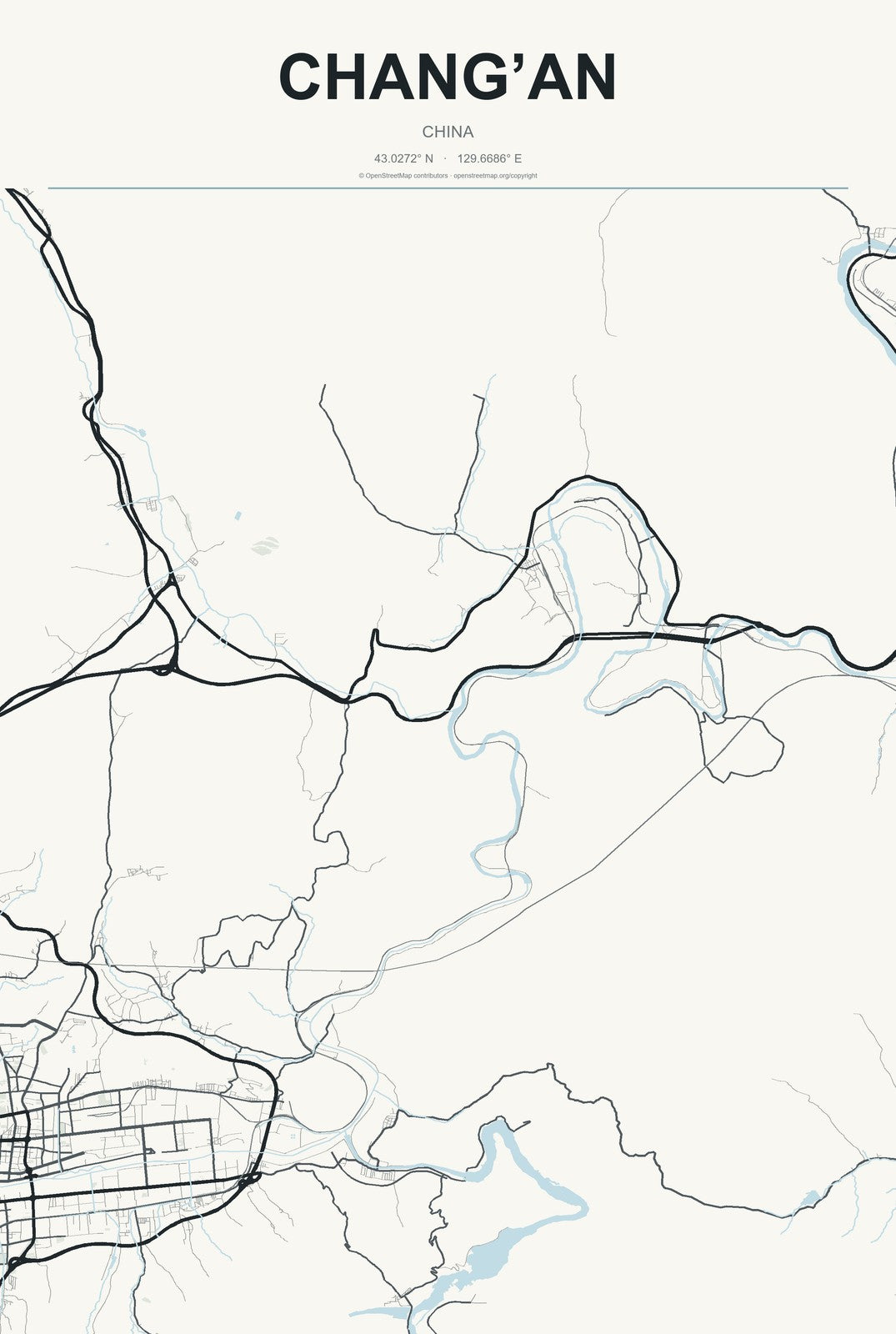 Chang’an, Jilin, China City Map Aluminum Sign in Headline Atlas style