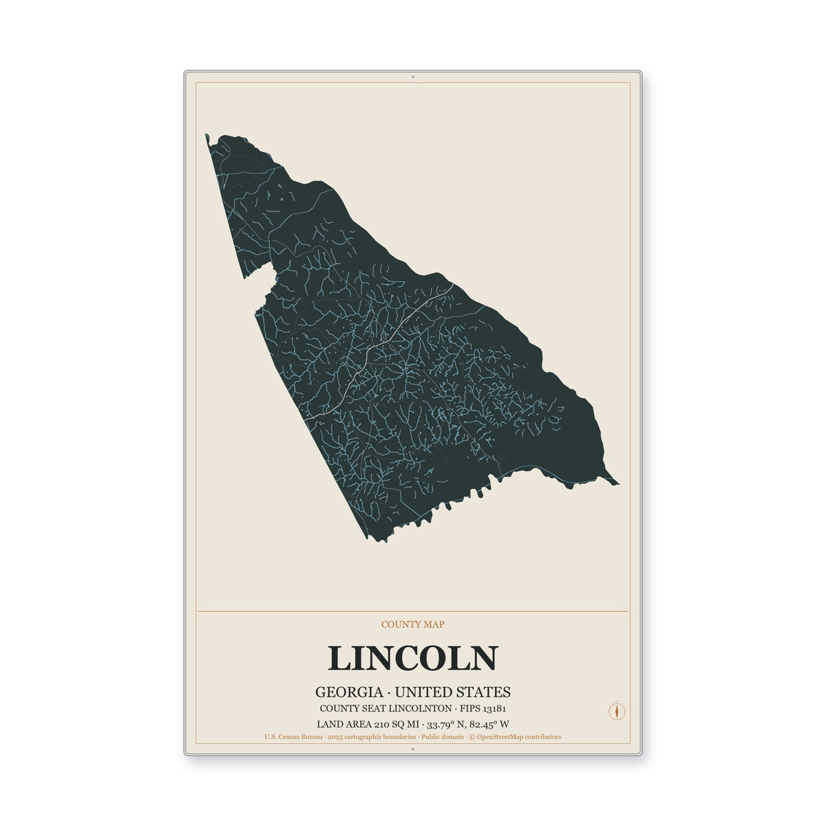Lincoln County, Georgia Map Aluminum Sign in Headline Atlas style