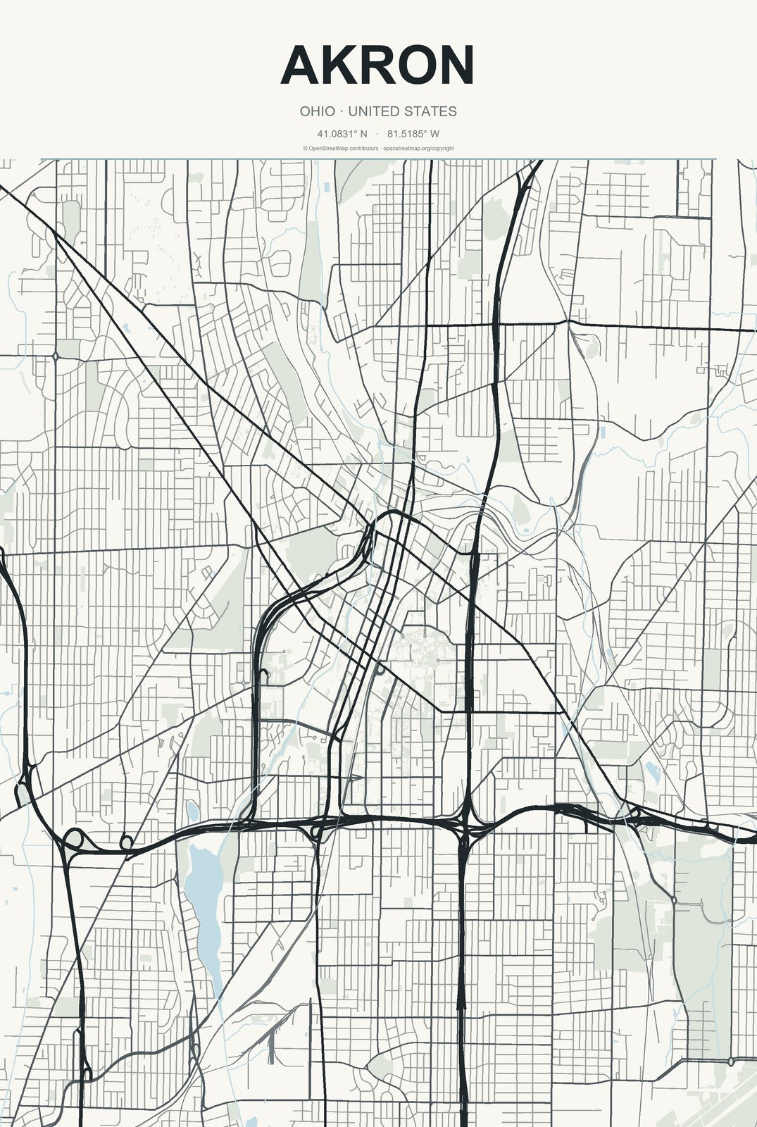 Akron, Ohio City Map Aluminum Sign in Headline Atlas style