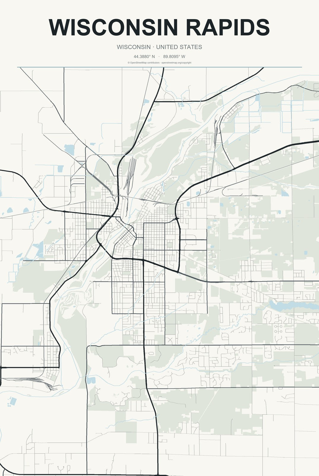 Wisconsin Rapids, Wisconsin City Map Aluminum Sign in Headline Atlas style