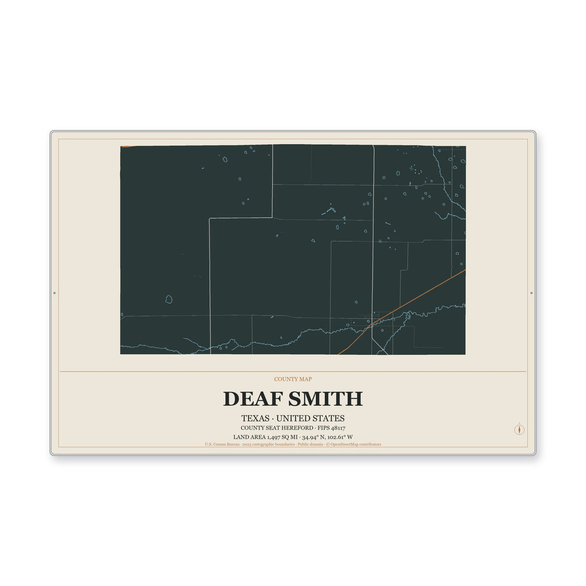Deaf Smith County, Texas Map Aluminum Sign in Headline Atlas style