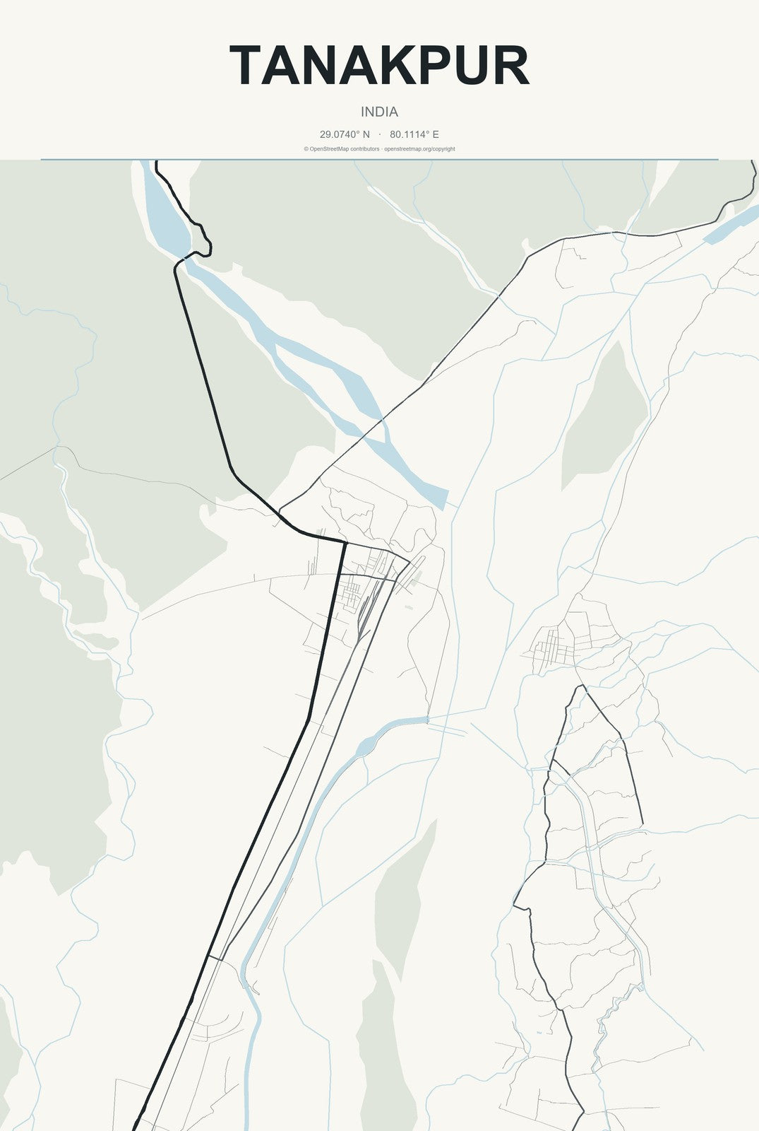 Tanakpur, India City Map Aluminum Sign in Headline Atlas style
