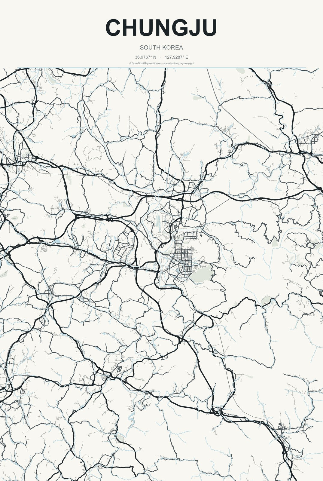 Chungju, South Korea City Map Aluminum Sign in Headline Atlas style