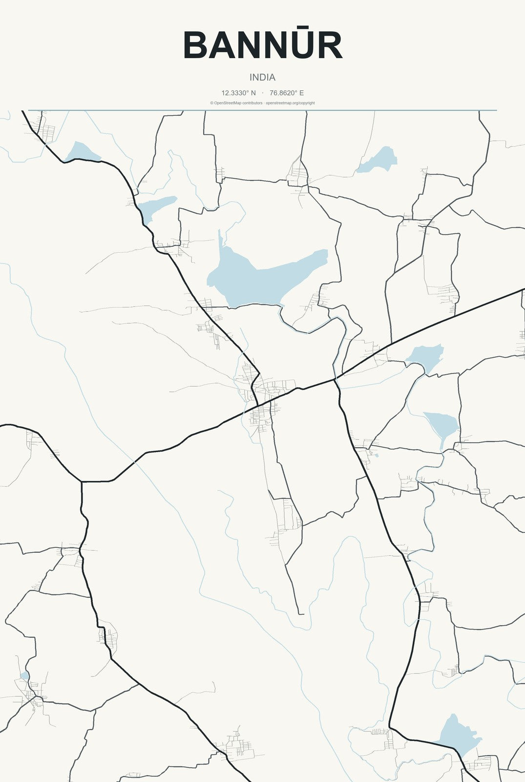 Bannūr, India City Map Aluminum Sign in Headline Atlas style