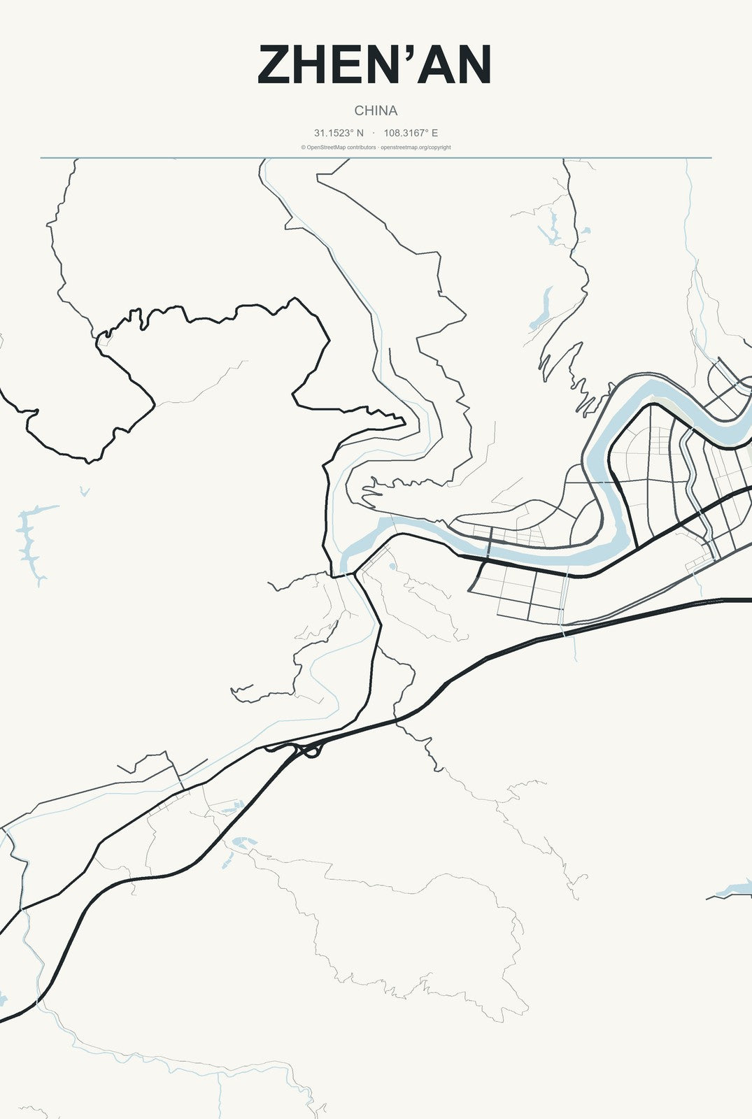 Zhen’an, China City Map Aluminum Sign in Headline Atlas style