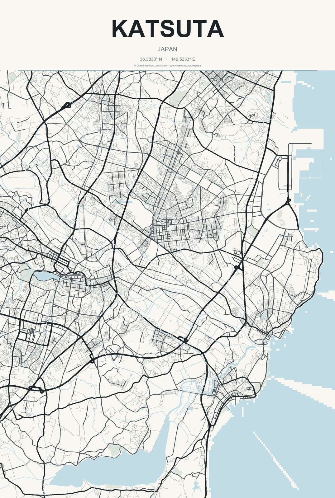 Katsuta, Japan City Map Aluminum Sign in Headline Atlas style
