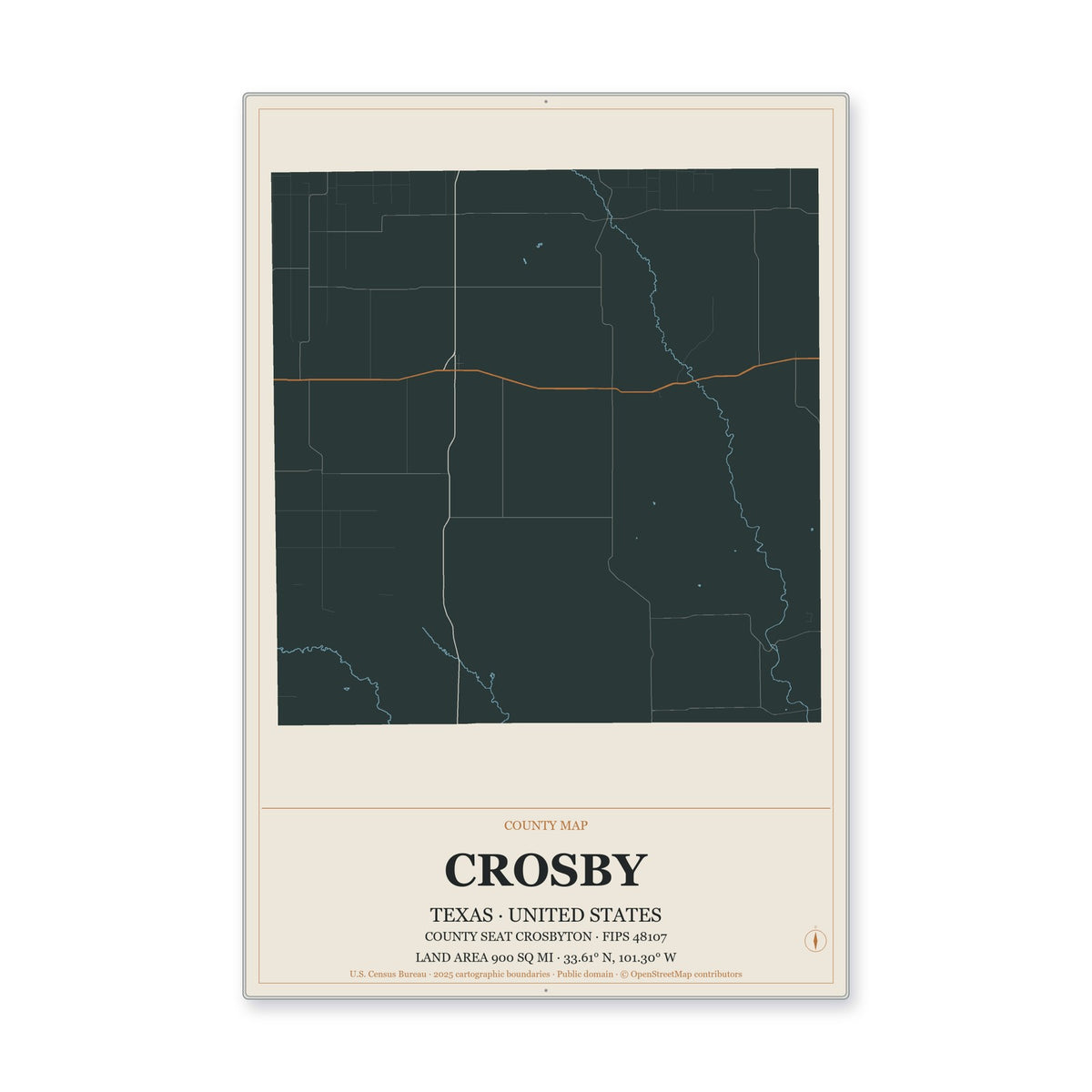 Crosby County, Texas Map Aluminum Sign in Headline Atlas style