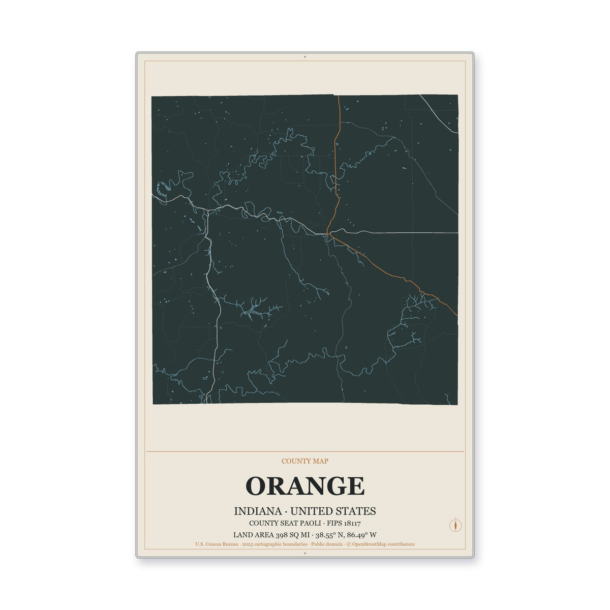Orange County, Indiana Map Aluminum Sign in Headline Atlas style