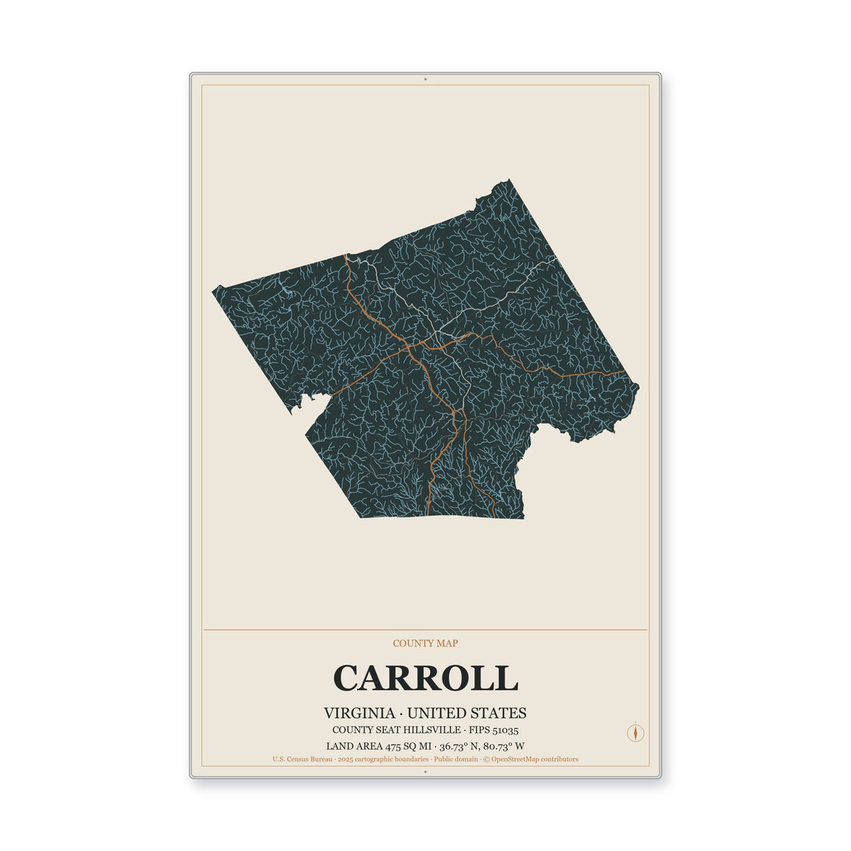 Carroll County, Virginia Map Aluminum Sign in Headline Atlas style