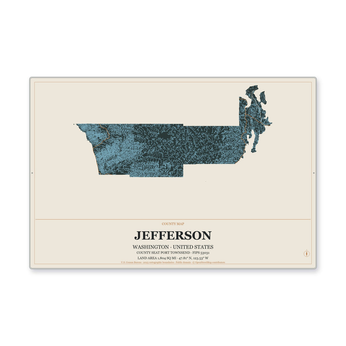 Jefferson County, Washington Map Aluminum Sign in Headline Atlas style